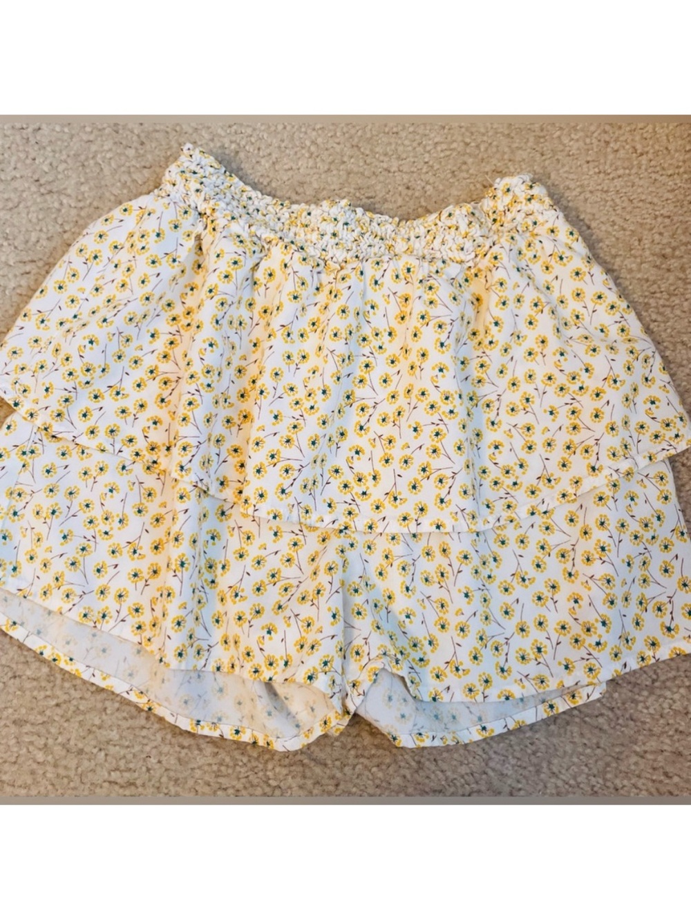 Paper Crane White Floral Smocked Shorts with Yellow Daisies